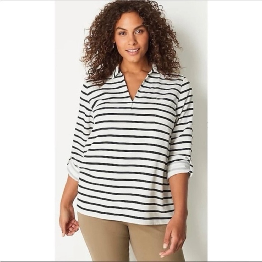 NWT. J. Jill. Stripes Roll Tab Sleeve Pullover Shirt Black White. Size XL.